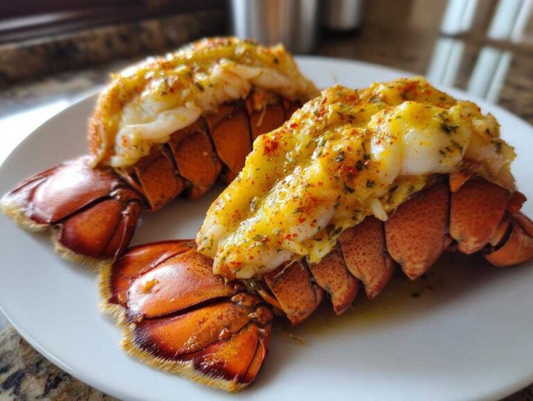 Two perfectly cooked Air Fryer Lobster Tail halves, split and topped with melted butter and spices, resting on a white plate.