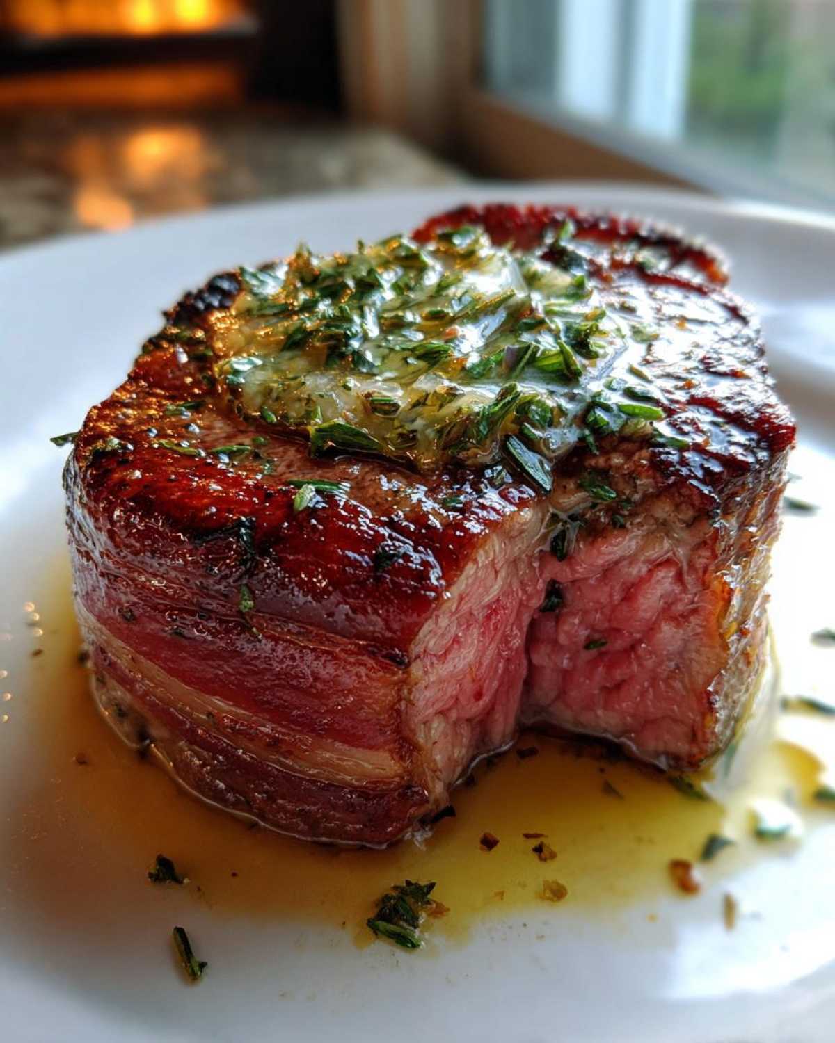 Close-up of a perfectly cooked Bacon Wrapped Filet Mignon, medium-rare, topped with herb butter.