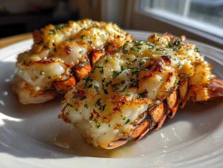 Fabulous 5-Min Broiled Lobster Tail with Lemon Garlic Butter Two perfectly cooked Broiled Lobster Tail with Lemon Garlic Butter halves resting on a white plate.