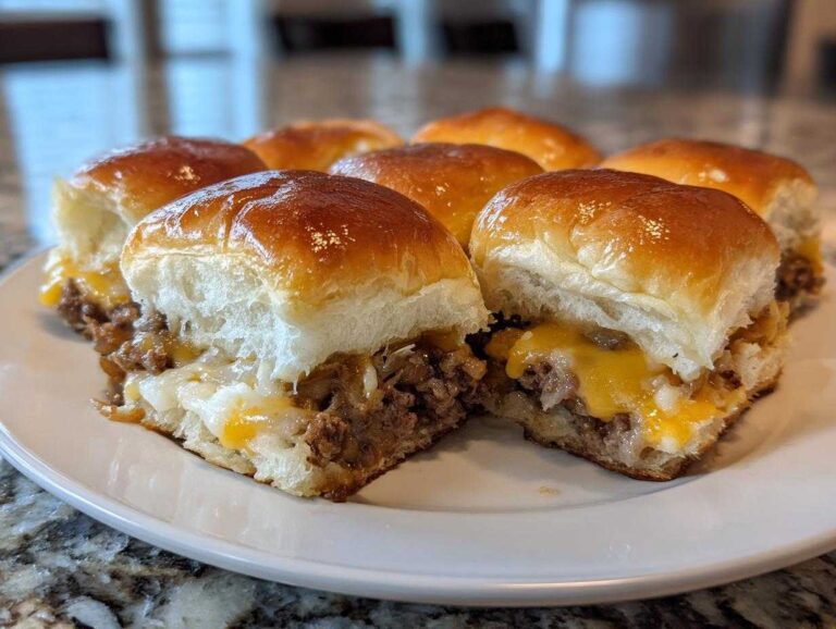 A plate of freshly baked Cheesy Ground Beef Sliders with melted cheddar and white cheese oozing out.