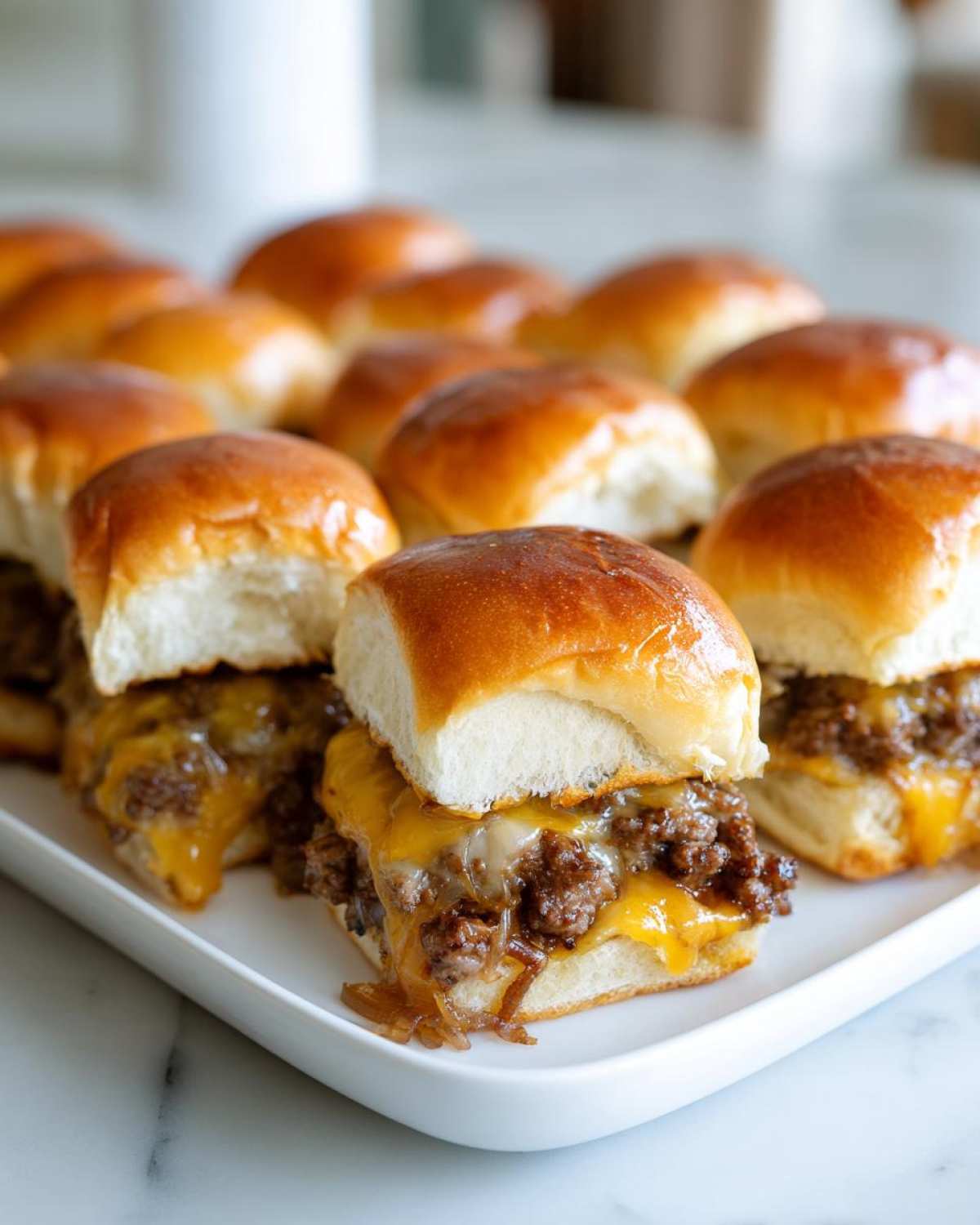 A tray of freshly baked Cheesy Ground Beef Sliders featuring gooey melted cheese over seasoned ground beef on soft rolls.