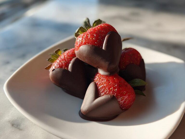 Three perfectly shaped Chocolate Dipped Strawberry Hearts stacked on a small white plate.
