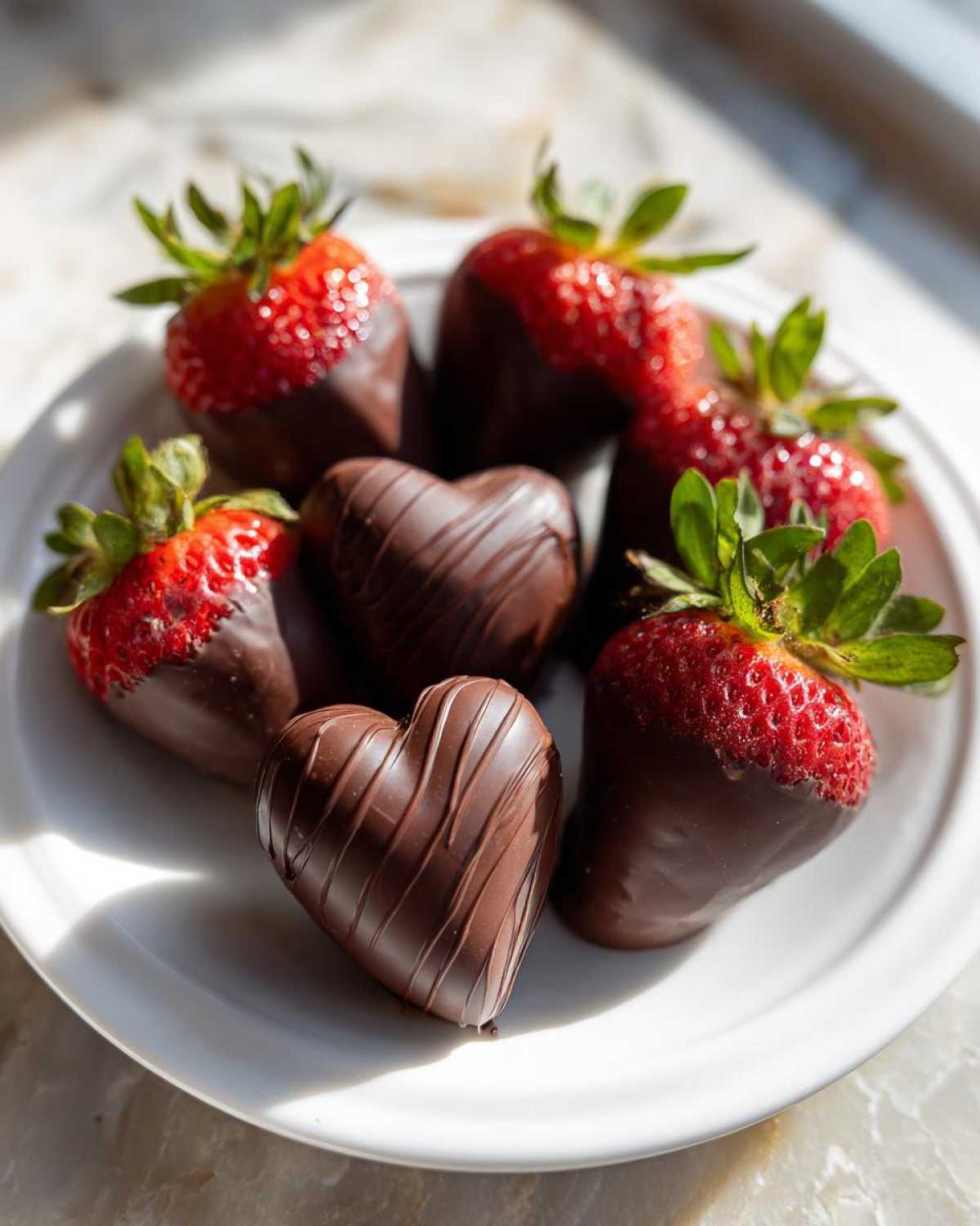 A plate featuring several Chocolate Dipped Strawberry Hearts and chocolate-dipped strawberries.