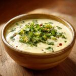 A close-up of creamy Crockpot Queso Blanco topped generously with fresh sliced jalapeños and cilantro.