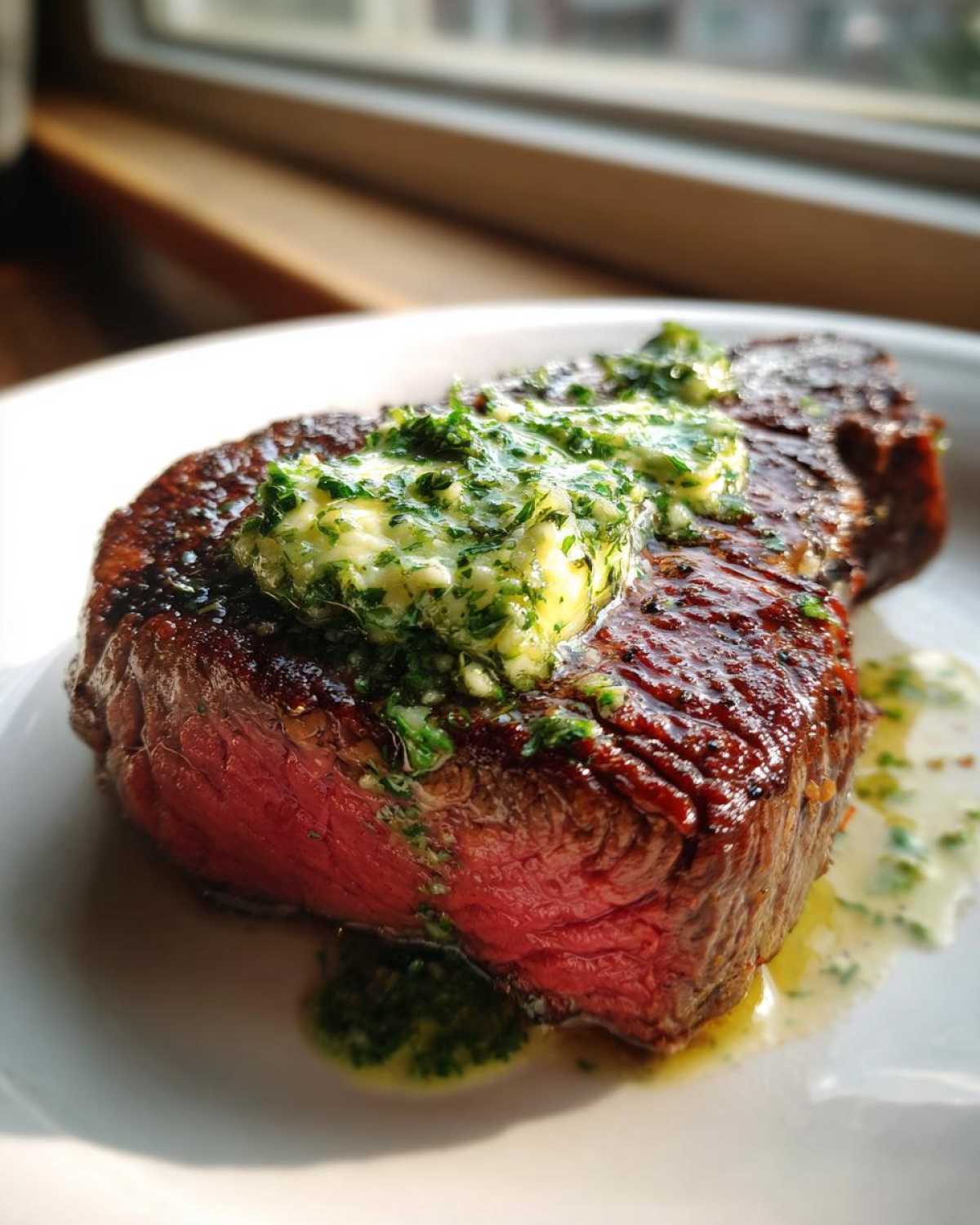 Close-up of a medium-rare Filet Mignon with Garlic Herb Butter melting on top, served on a white plate.