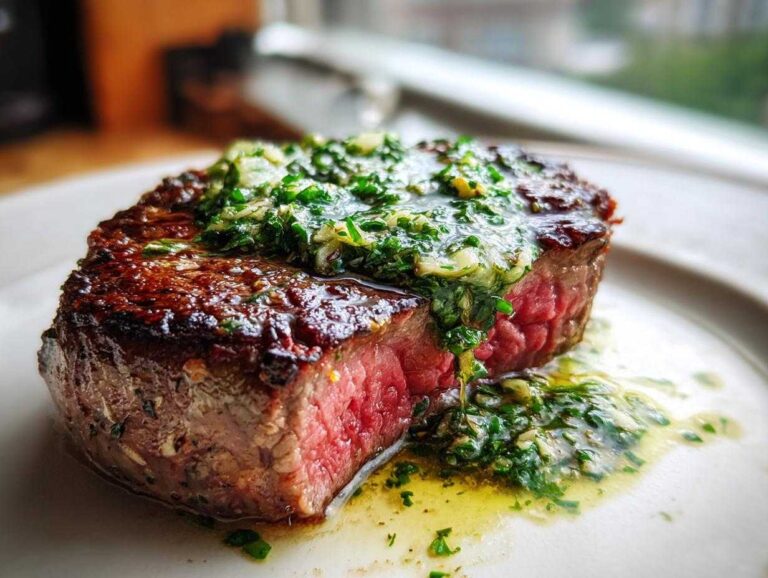 Divine Filet Mignon with Garlic Herb Butter 2 Ways Close-up of a medium-rare Filet Mignon with Garlic Herb Butter melting over the top, resting on a white plate.
