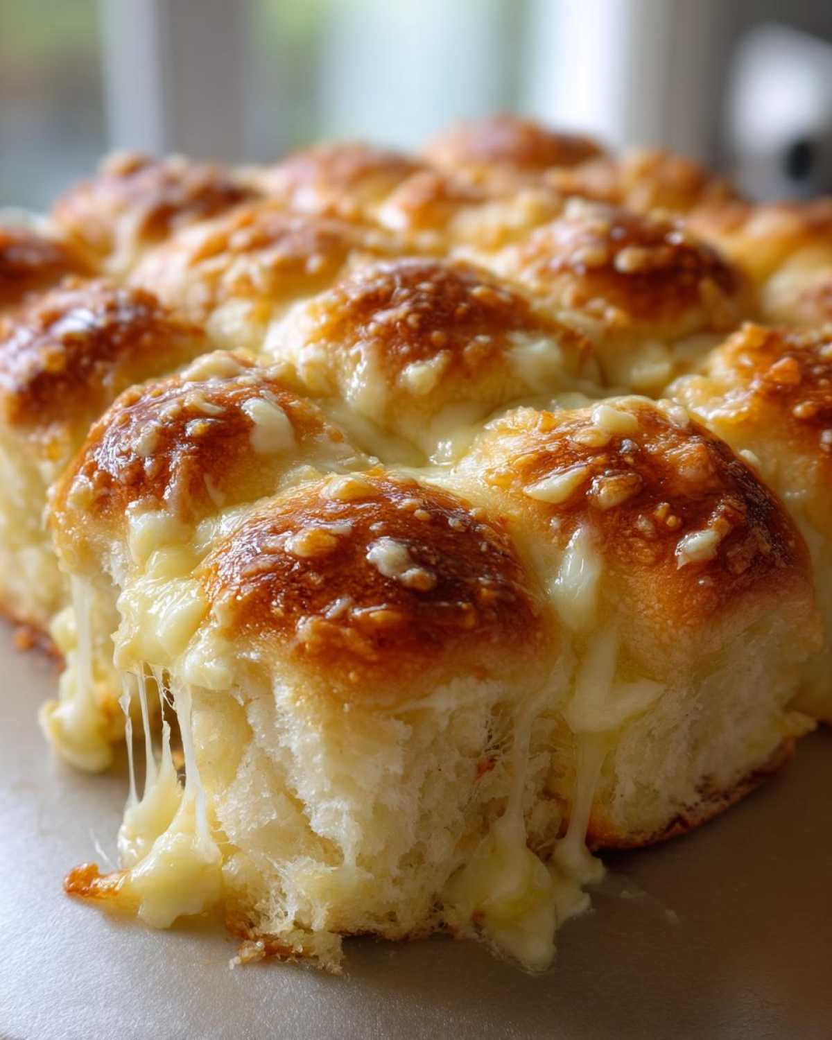 Close-up of freshly baked Pull-Apart Ham and Cheese Sliders with melted, gooey cheese stretching between the rolls.