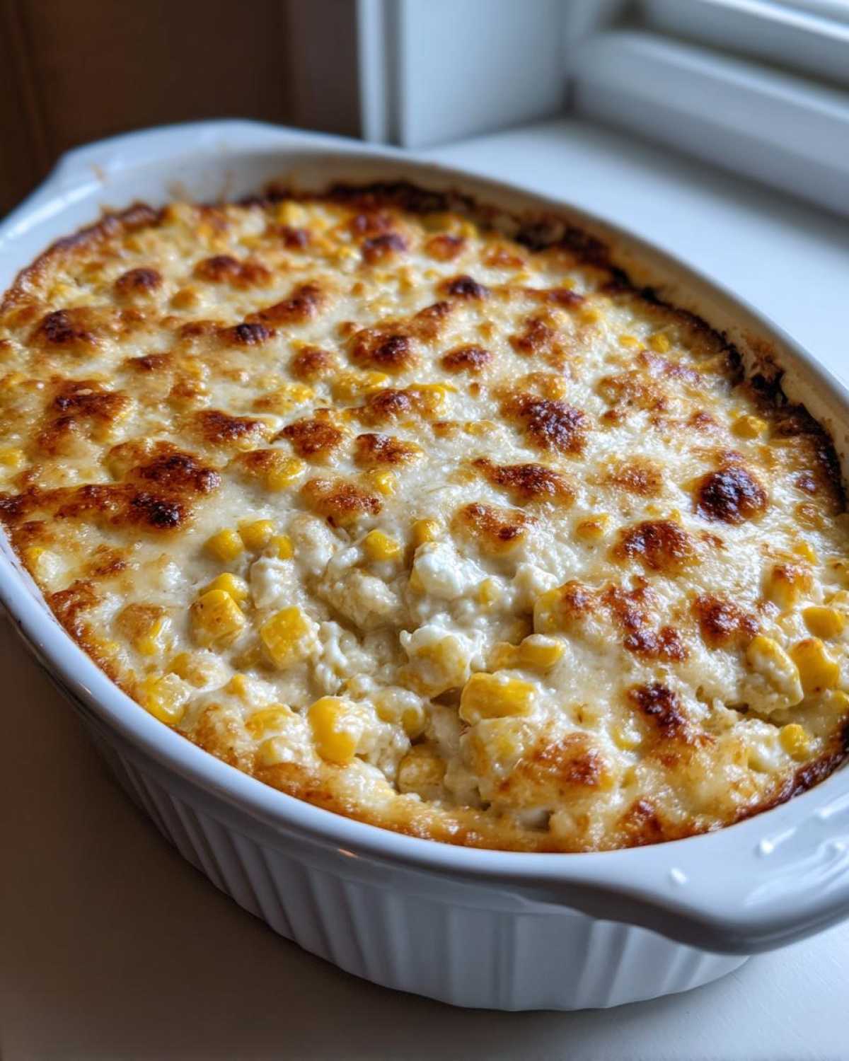 A close-up of a baked Hot Mexican Street Corn Dip with a golden-brown, cheesy crust in a white oval baking dish.