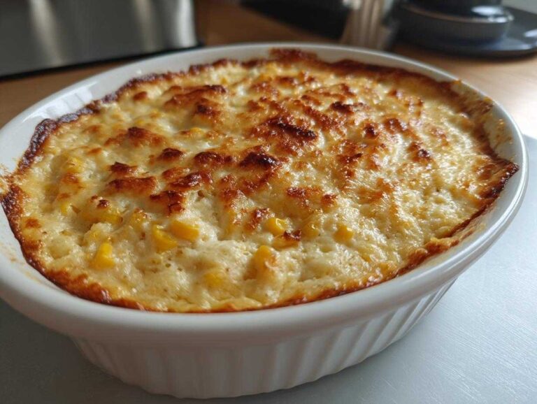 Close-up of freshly baked Hot Mexican Street Corn Dip with a golden, bubbly, and slightly browned cheese topping.