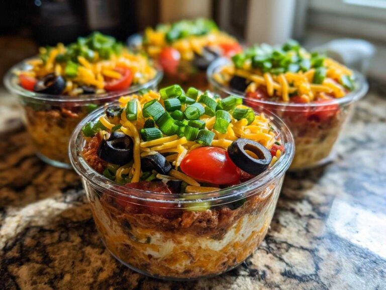 Close-up of several Individual 7-Layer Dip Cups showing layers of ingredients topped with shredded cheese, olives, tomatoes, and green onions.