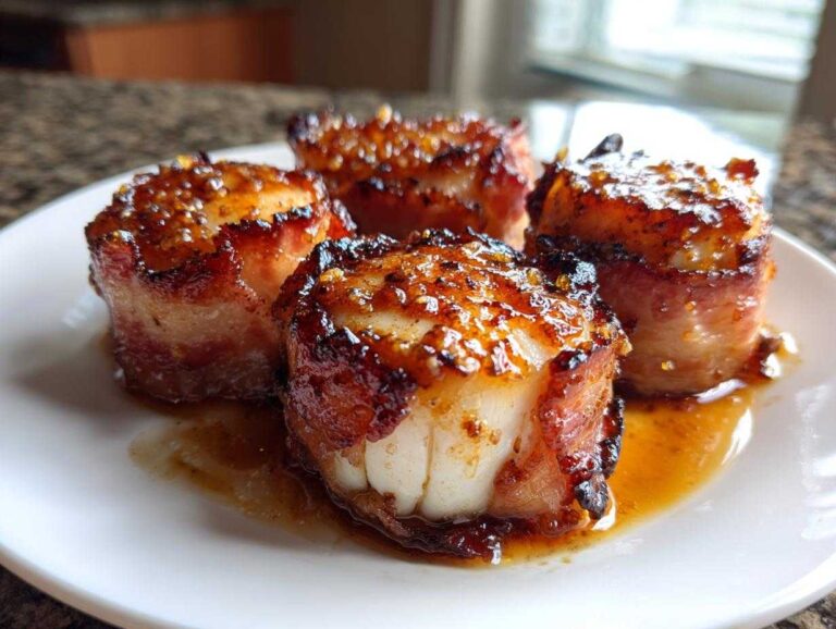 Four perfectly cooked Maple Glazed Bacon Wrapped Scallops glistening with sweet glaze on a white plate.
