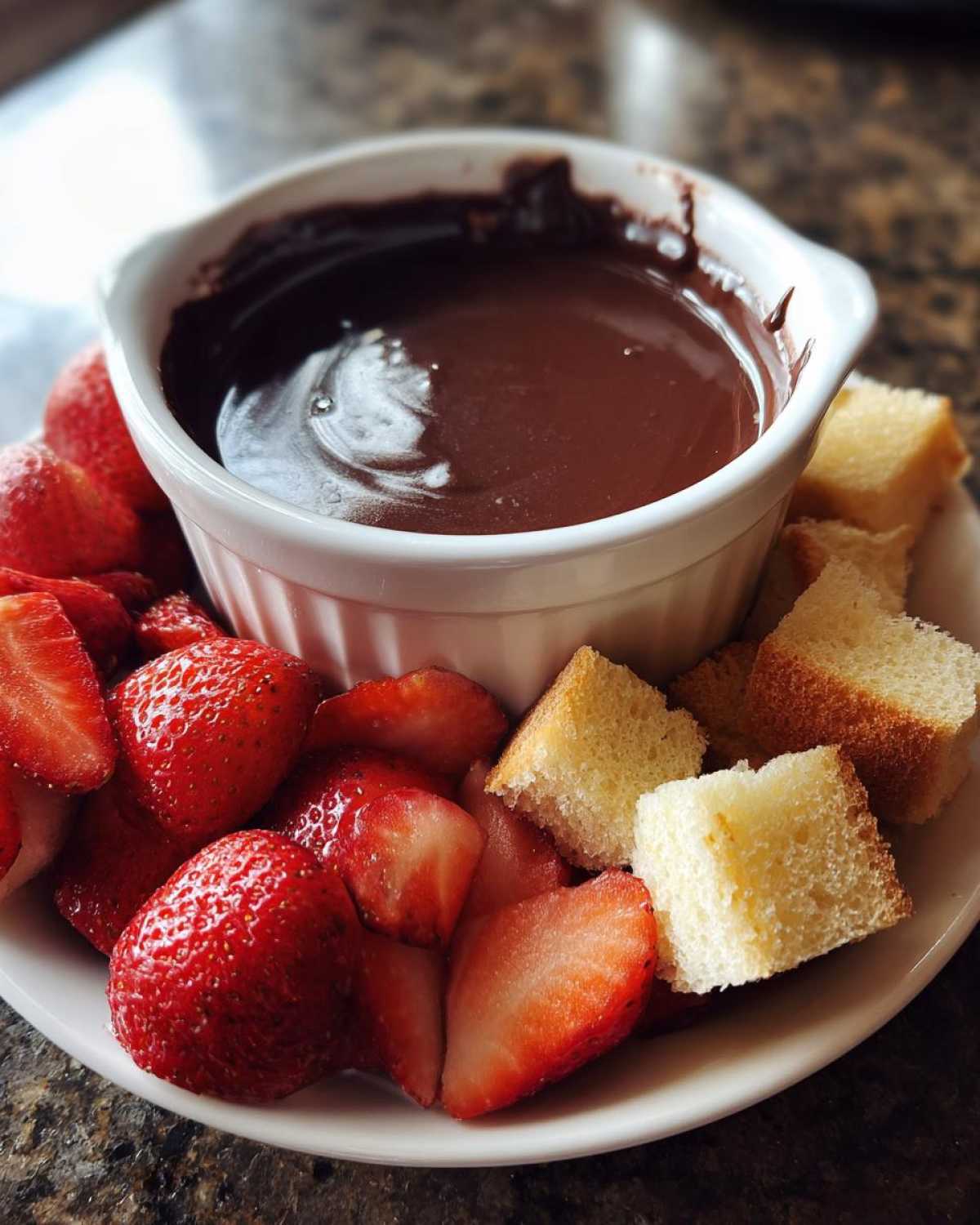 Close-up of a white bowl filled with melted Nutella Chocolate Fondue, surrounded by fresh strawberries and pound cake cubes.