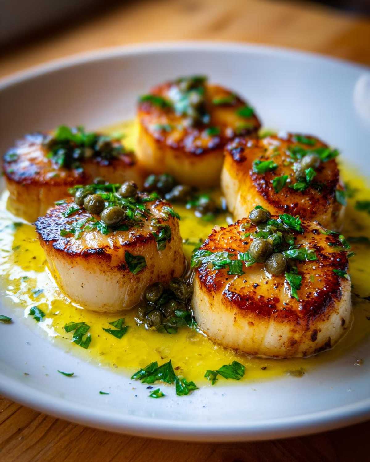 Five perfectly seared Pan Seared Scallops with Lemon Caper Butter sauce and fresh parsley.