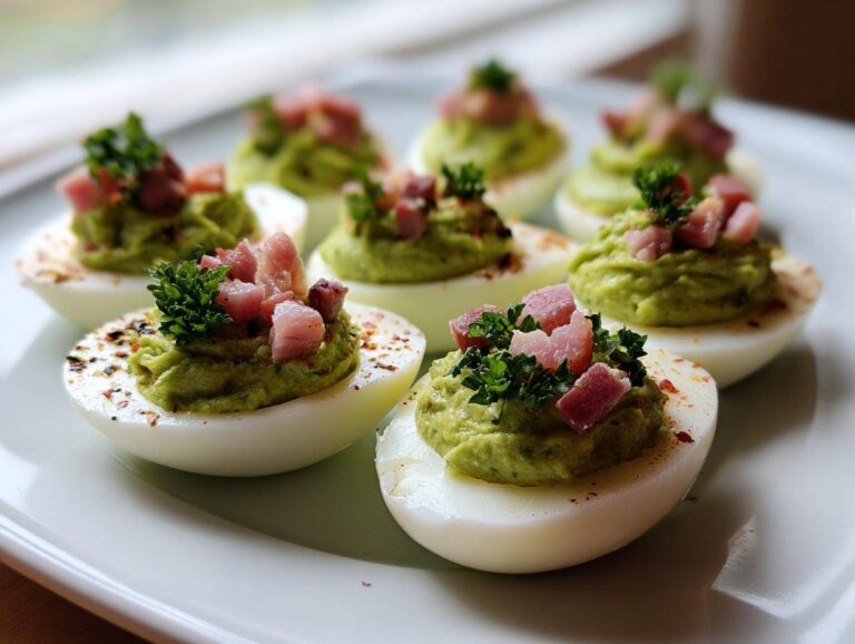 Close-up of Pesto Deviled Green Eggs and Ham halves topped with diced ham and parsley on a white plate.