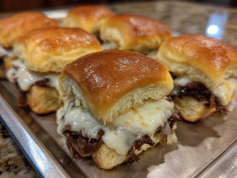 Close-up of several baked Philly Cheesesteak Sliders with gooey melted white cheese on a metal tray.
