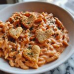 Close-up of Pink Vodka Sauce Pasta topped with heart-shaped Parmesan crisps and parsley.