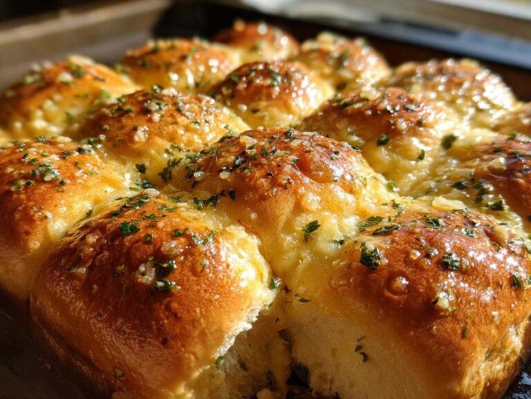 Close-up of golden baked Pull-Apart Ham and Cheese Sliders topped with melted butter, garlic, and parsley.