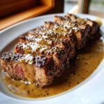 Close-up of sliced Steak au Poivre, crusted with peppercorns and covered in rich cognac sauce.