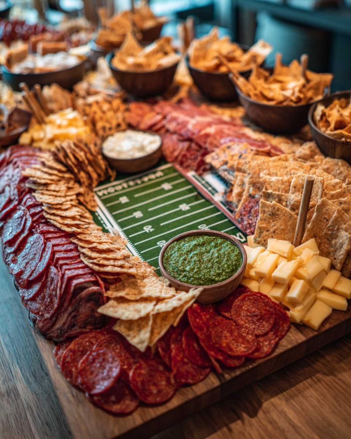 A massive Super Bowl Snack Stadium Charcuterie Board featuring meats, cheeses, dips, and chips arranged around a miniature football field.