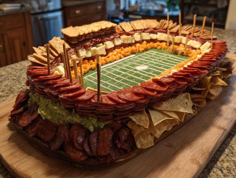 An elaborate Super Bowl Snack Stadium Charcuterie Board featuring layers of meats, cheeses, guacamole, and chips surrounding a football field.