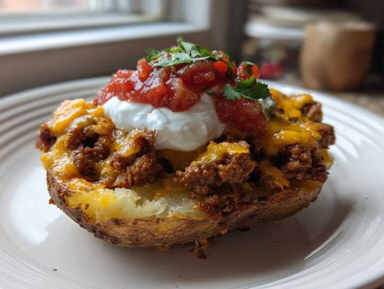 A single serving of Taco Stuffed Potato Skins topped with melted cheese, sour cream, salsa, and cilantro.