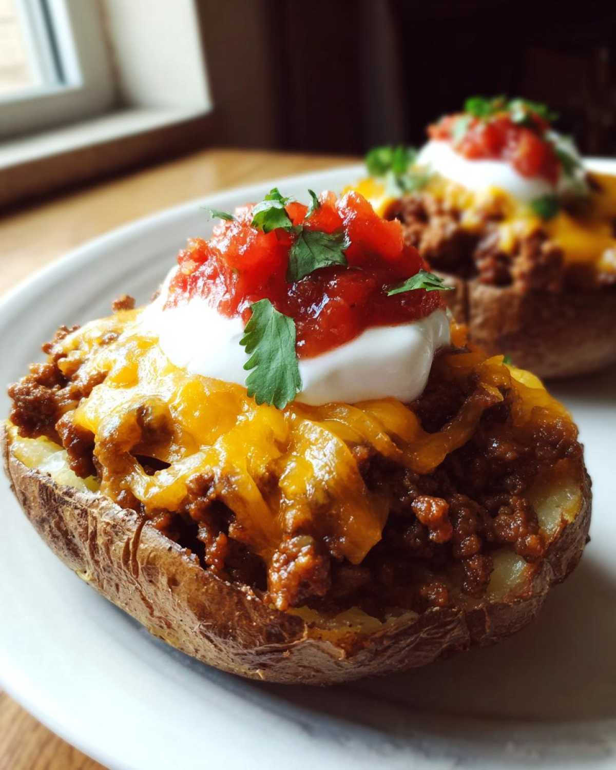 A close-up of a baked potato skin filled with seasoned ground beef, melted cheddar cheese, sour cream, and salsa, ready to eat as Taco Stuffed Potato Skins.