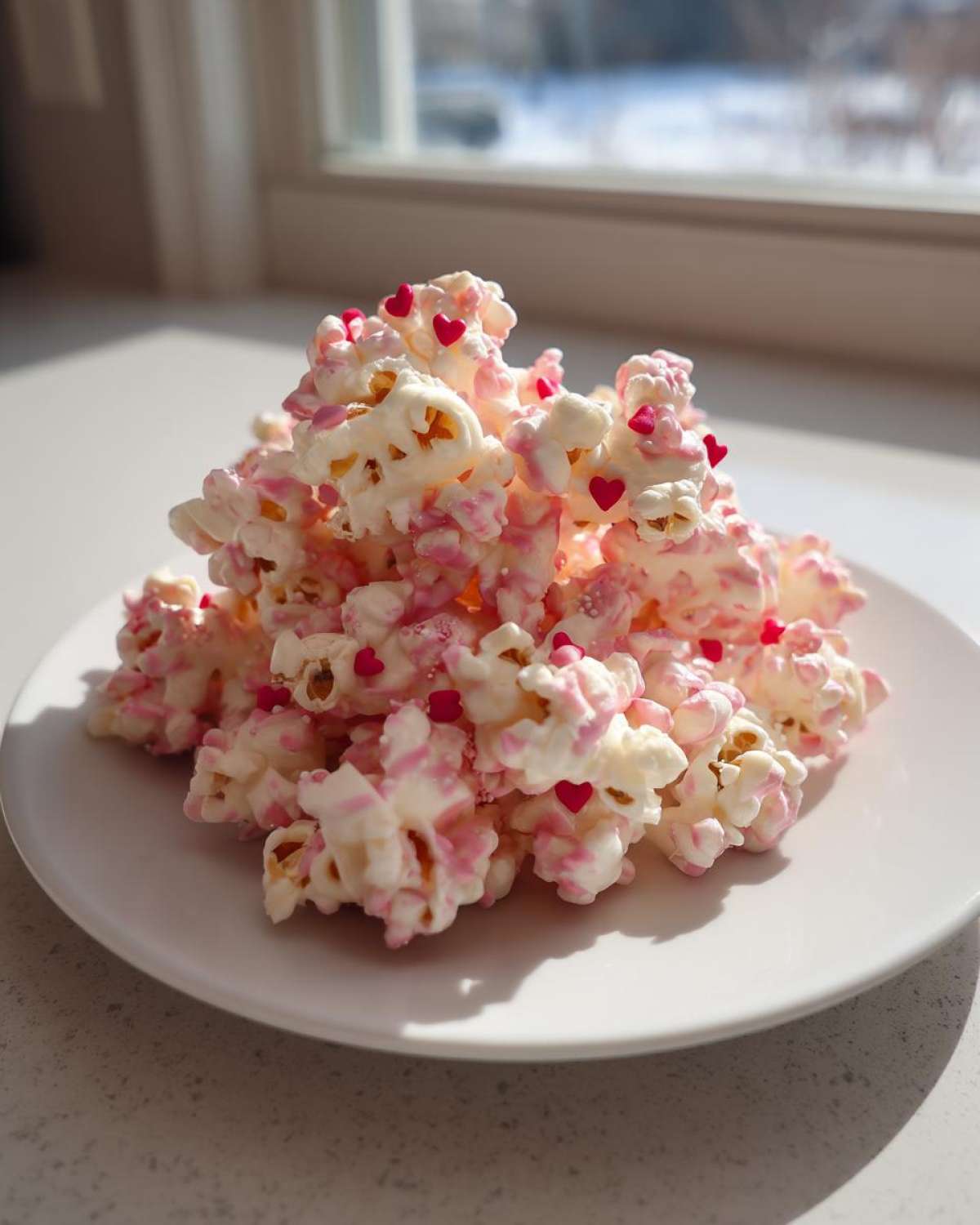 A mound of Valentine's Day White Chocolate Popcorn drizzled with pink coloring and topped with red heart sprinkles.