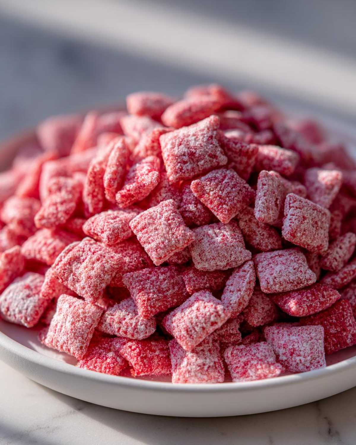 A close-up shot of a large pile of bright pink Valentine’s Strawberry Muddy Buddies coated in powdered sugar.