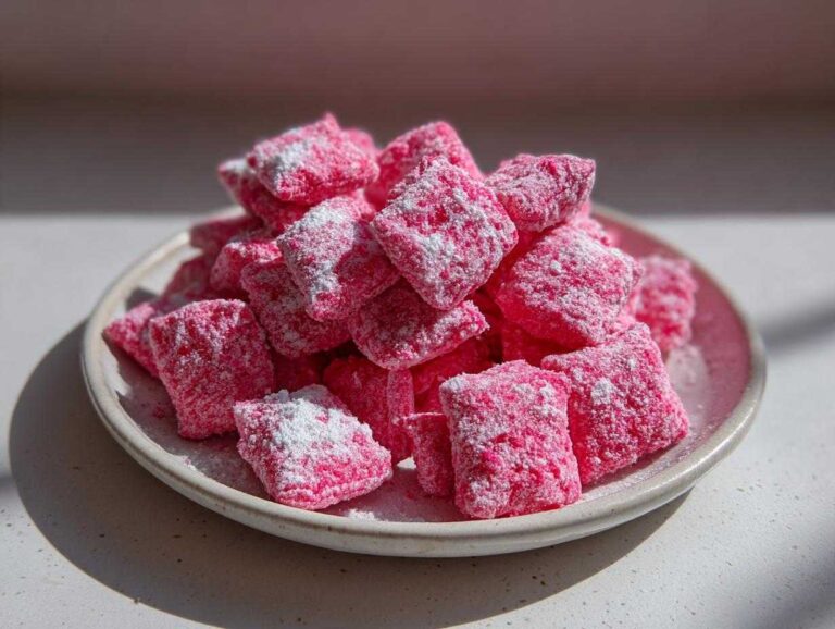 A pile of bright pink Valentine’s Strawberry Muddy Buddies dusted with powdered sugar on a small plate.
