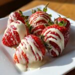 Close-up of fresh strawberries topped with thick white chocolate drizzled lines, served on a white plate.