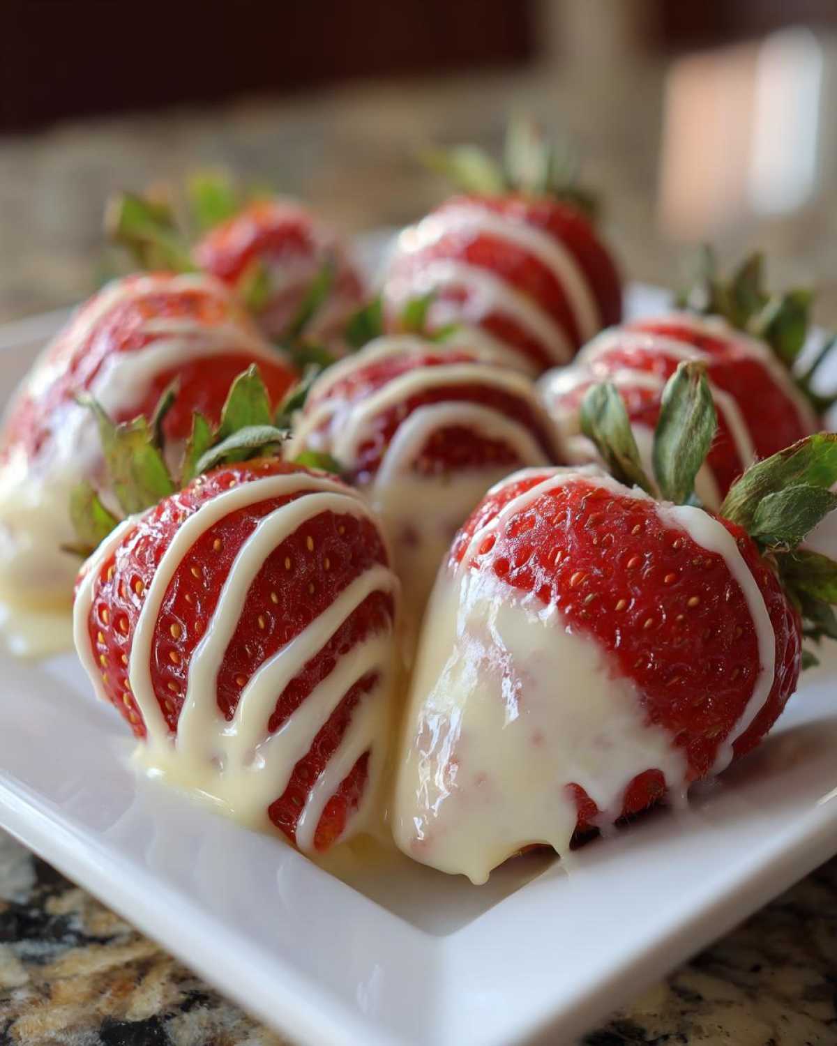 Close-up of fresh strawberries covered in a zigzag drizzle of melted white chocolate.