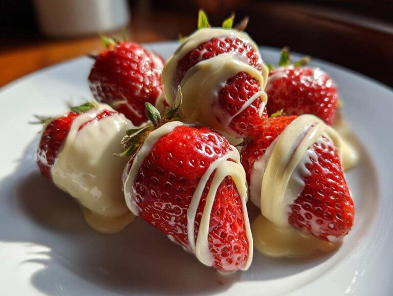 Close-up of fresh strawberries with thick white chocolate drizzled over them, ready to eat.