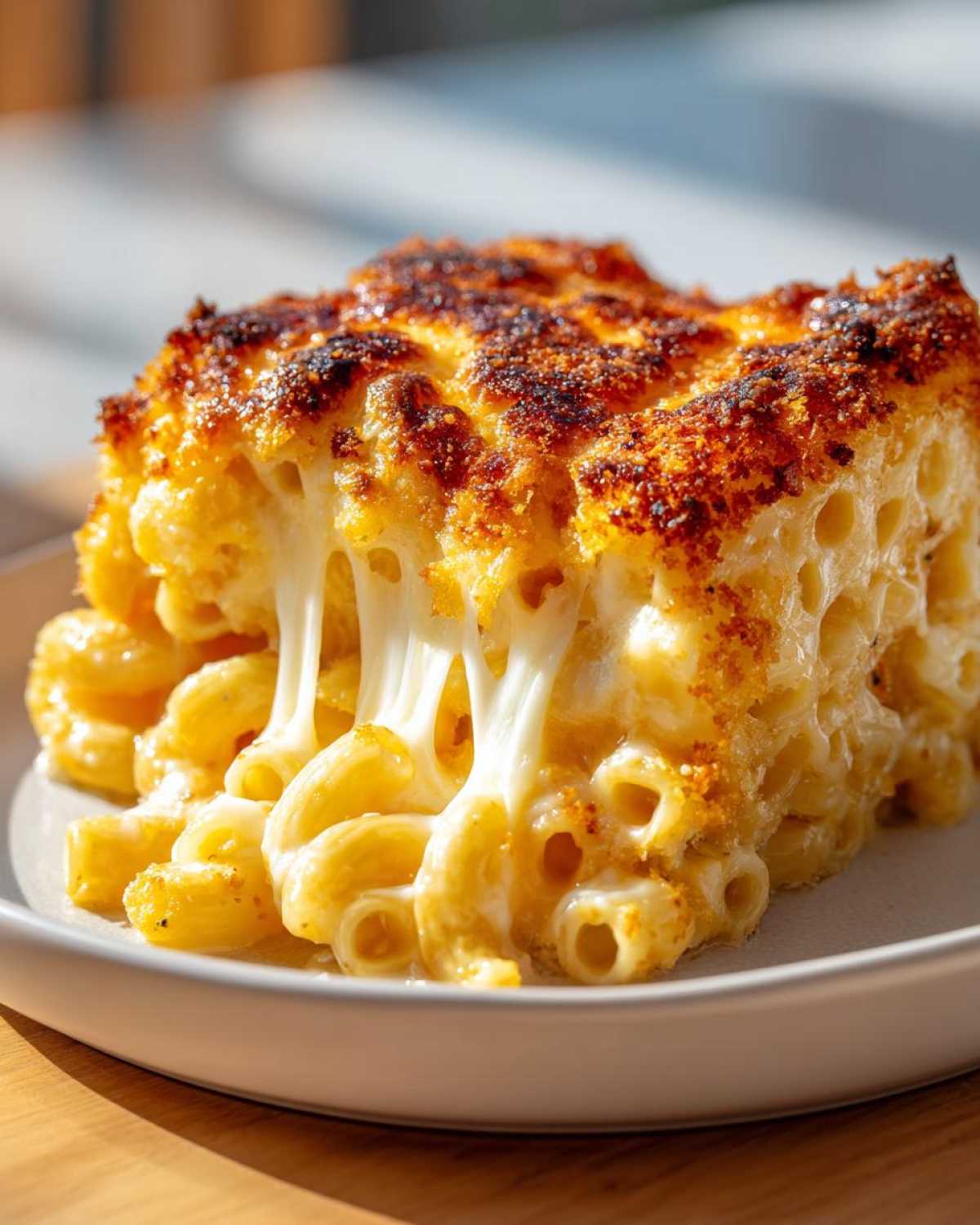 A square serving of baked mac and cheese recipe with a crispy, browned top and long, gooey cheese pulls.