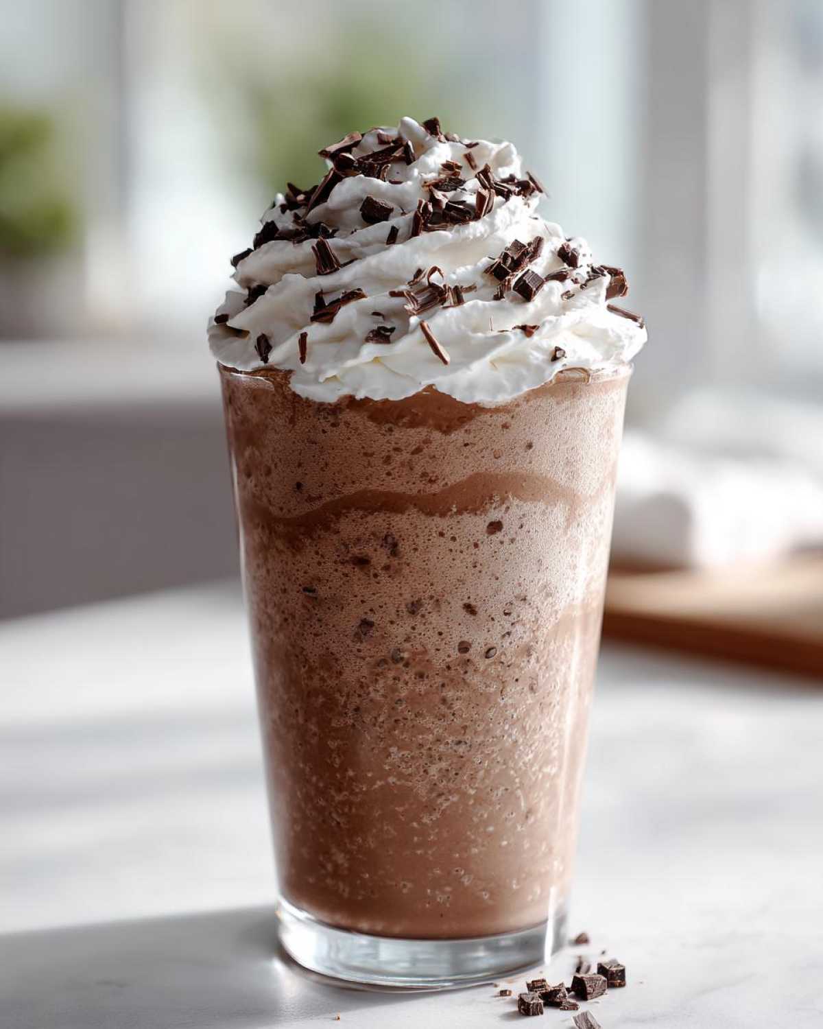 A tall glass filled with blended frozen hot chocolate topped with whipped cream and chocolate shavings.