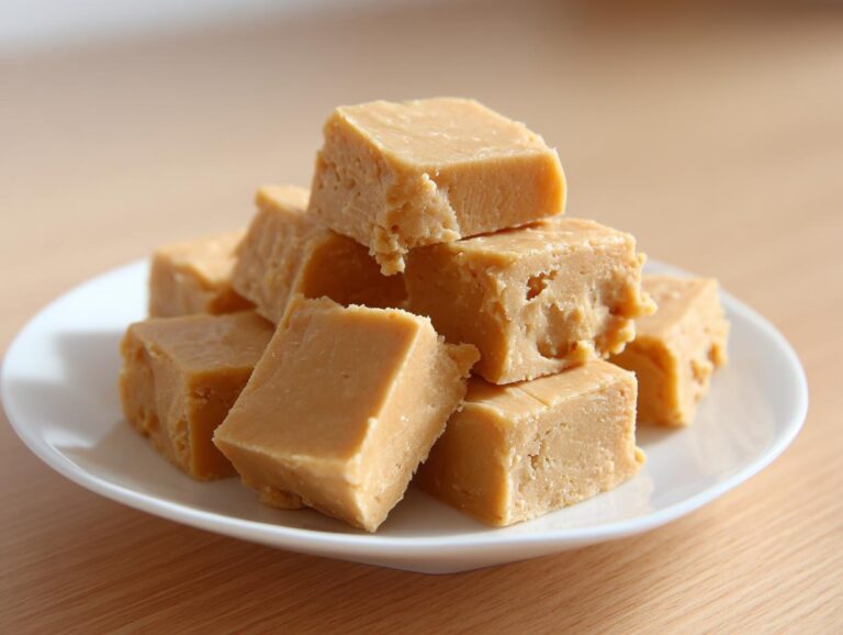 A stack of creamy, light brown peanut butter fudge cubes piled on a small white plate.