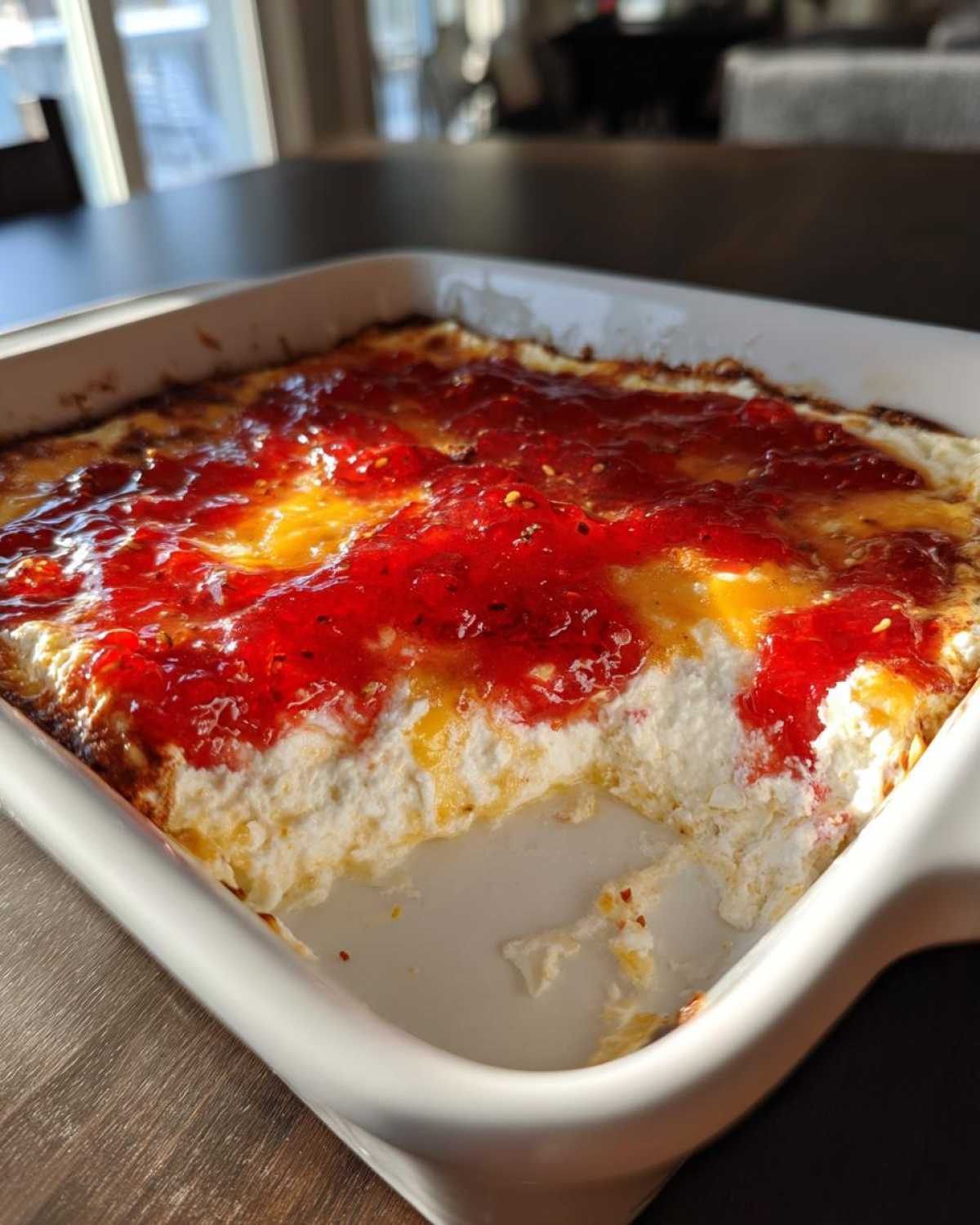 Close-up of a baked pepper jelly cheese dip, showing a creamy white base topped with bright red pepper jelly, served in a white baking dish.