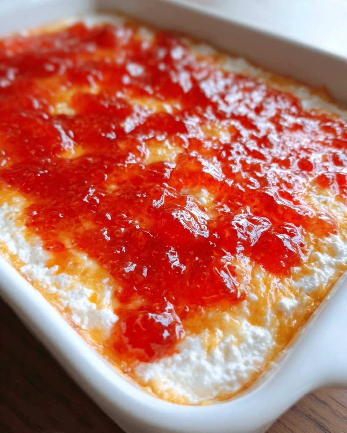 Close-up of a white baking dish filled with creamy cheese topped generously with bright red pepper jelly cheese dip.