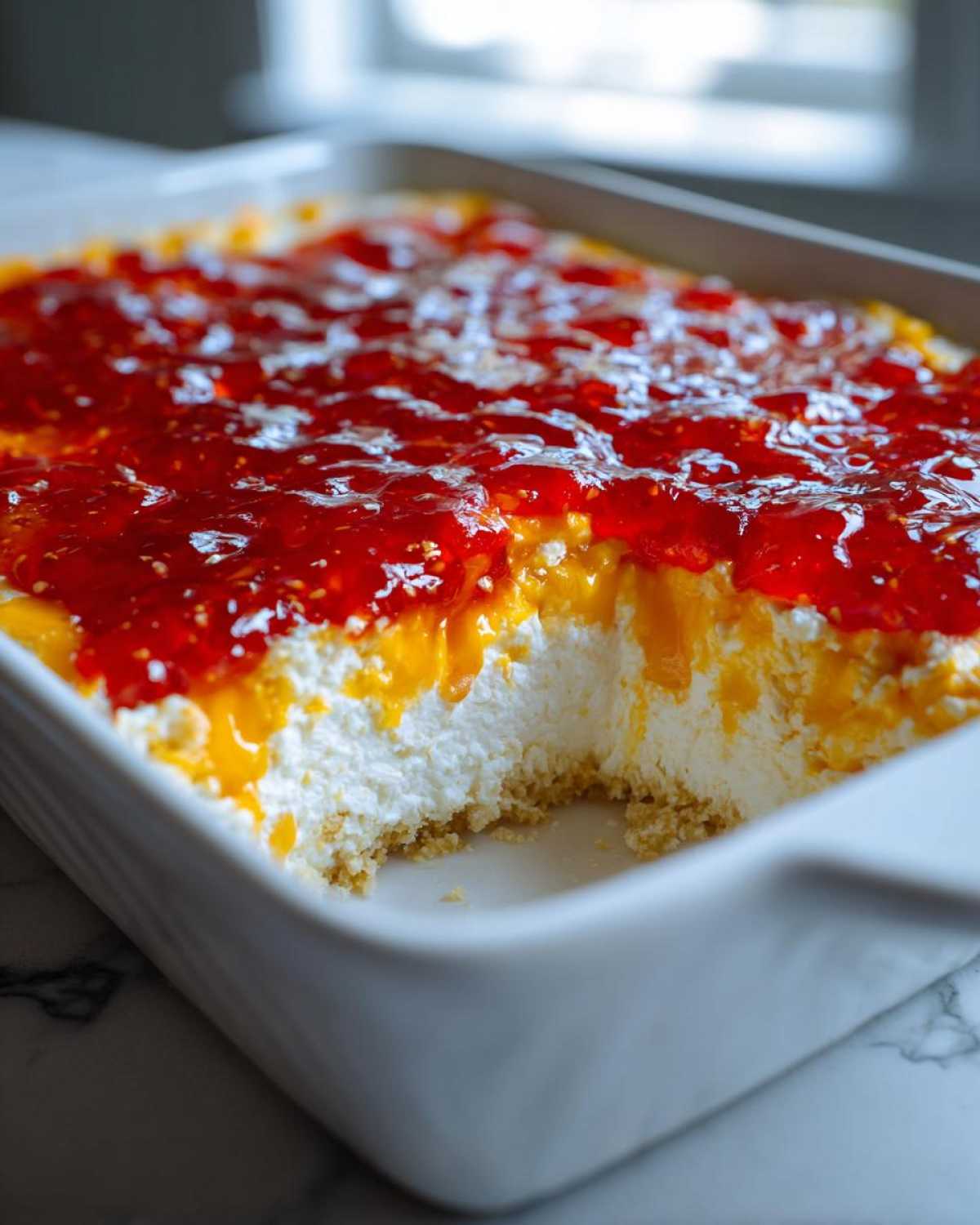 A portion scooped out of a white baking dish revealing the creamy layers of the pepper jelly cheese dip.