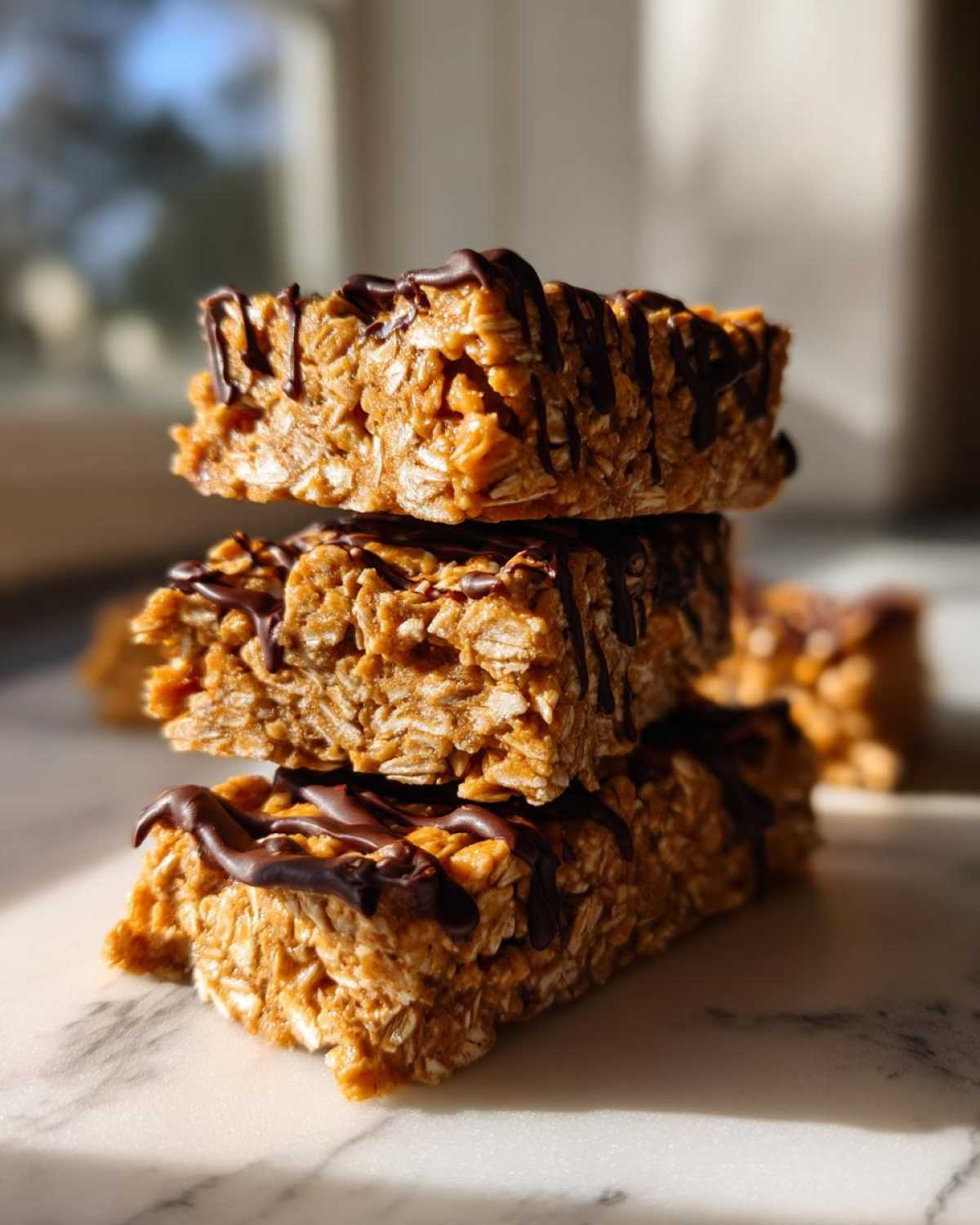 A stack of three homemade protein bars made with oats and drizzled with dark chocolate.