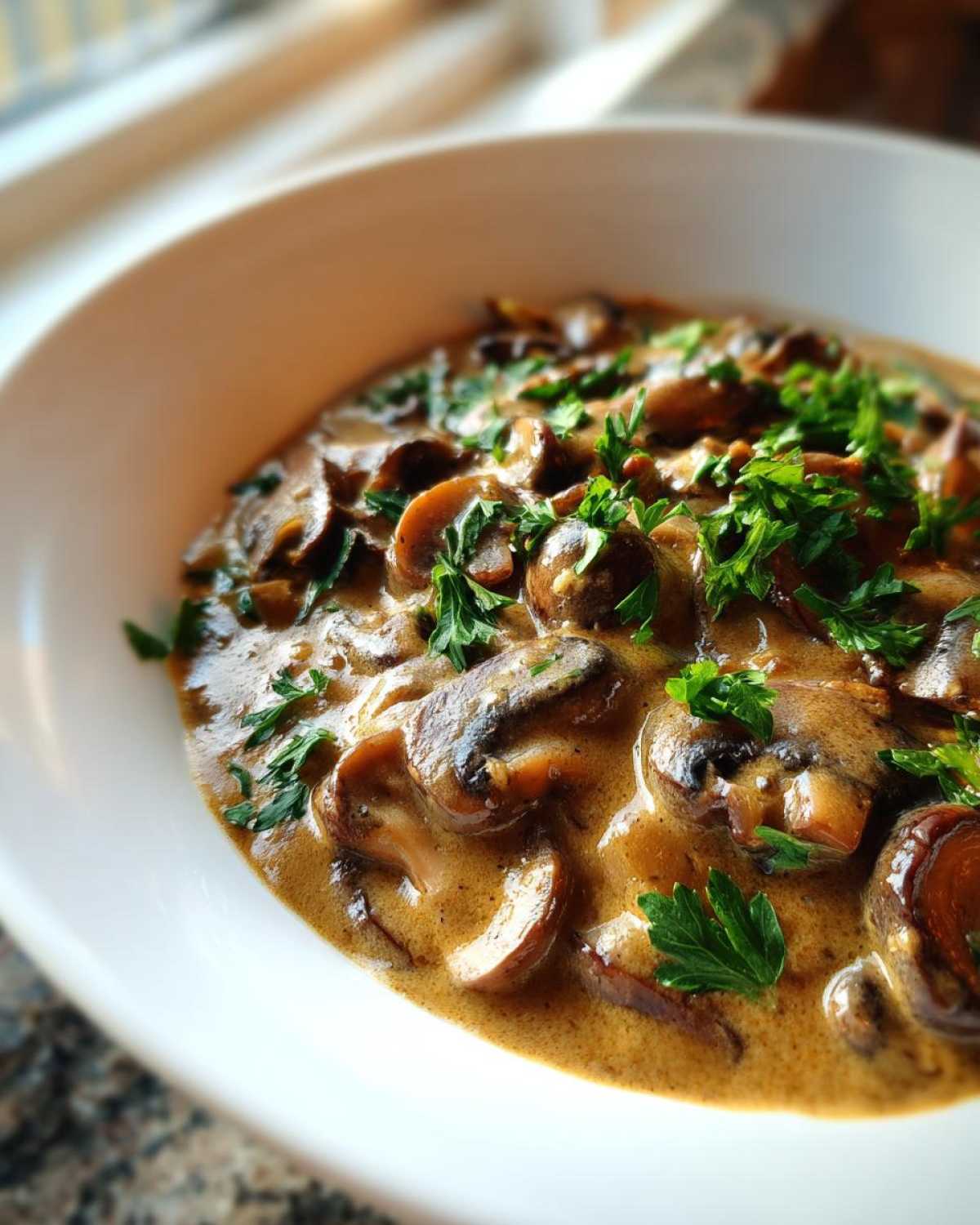Close-up of a rich, creamy mushroom sauce filled with sliced mushrooms and topped with fresh parsley.