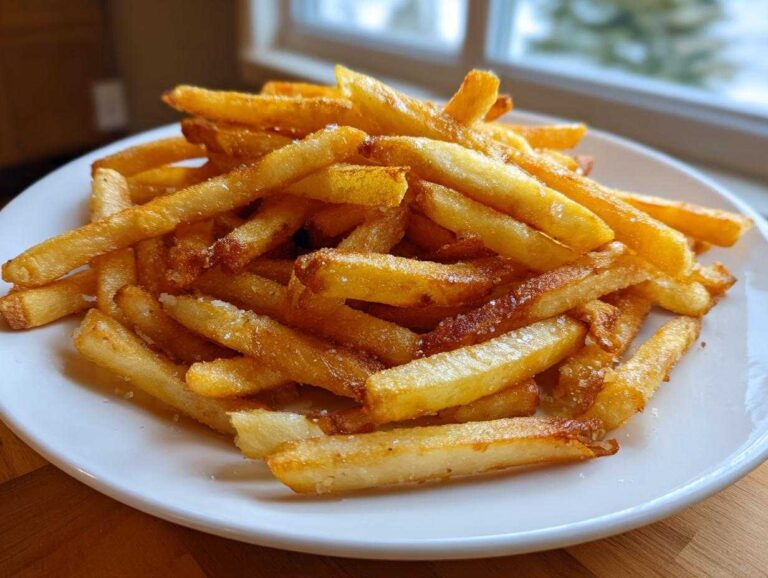 A close-up of a white plate piled high with golden, crispy air fryer french fries sprinkled with salt.