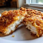 Close-up of air fryer fried chicken cut in half showing crispy coating and juicy white meat inside.