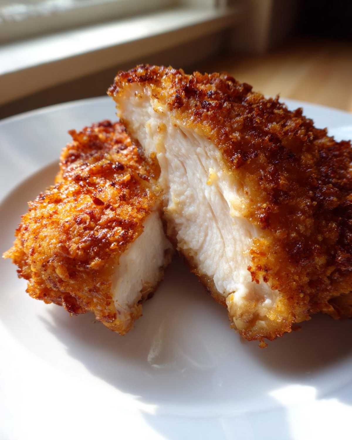 Close-up of a juicy chicken breast, cut in half, showing crispy coating from air fryer fried chicken.