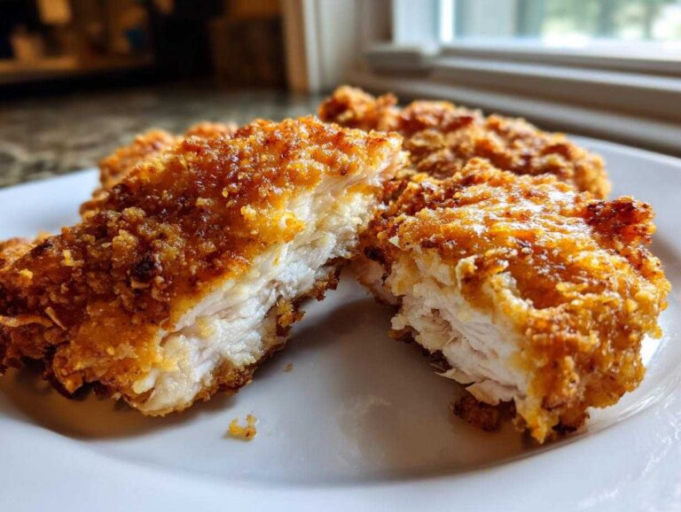 Close-up of air fryer fried chicken cut in half showing crispy coating and juicy white meat inside.