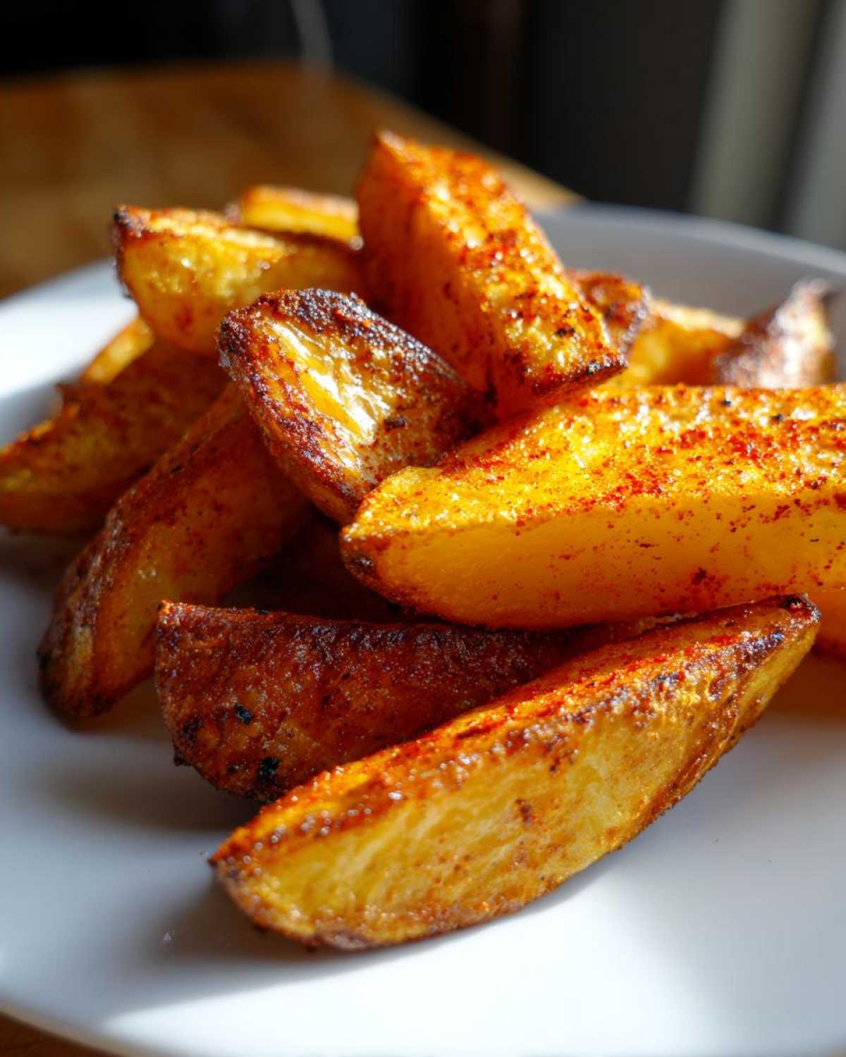 Close-up of perfectly cooked, golden brown air fryer potato wedges seasoned with paprika on a white plate.