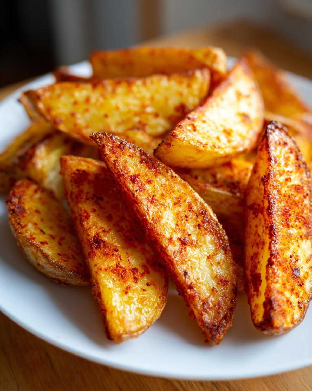 Close-up of golden brown, seasoned air fryer potato wedges piled on a white plate.
