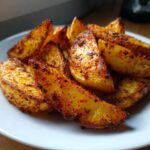 A close-up of perfectly cooked, golden-brown air fryer potato wedges seasoned with paprika.