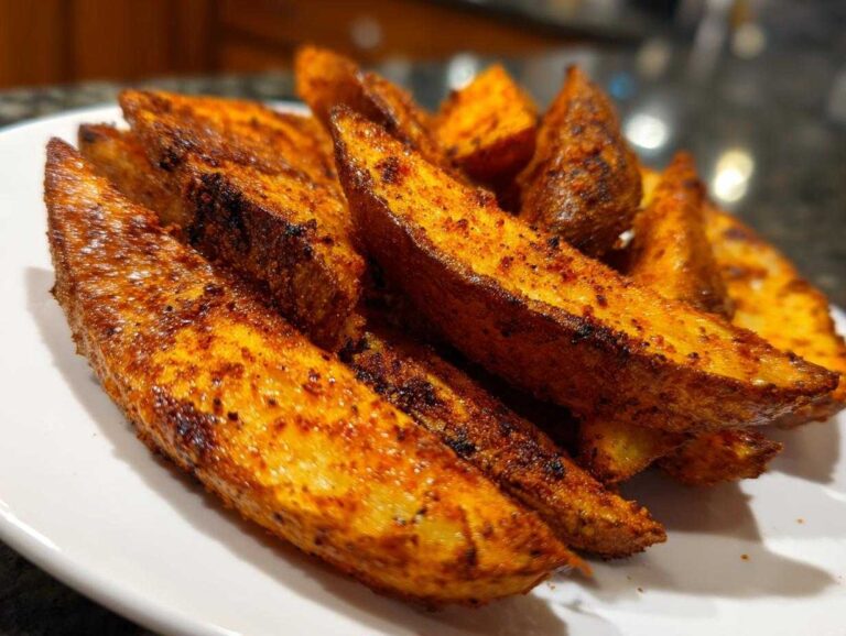Close-up of perfectly seasoned and crispy air fryer potato wedges piled on a white plate.