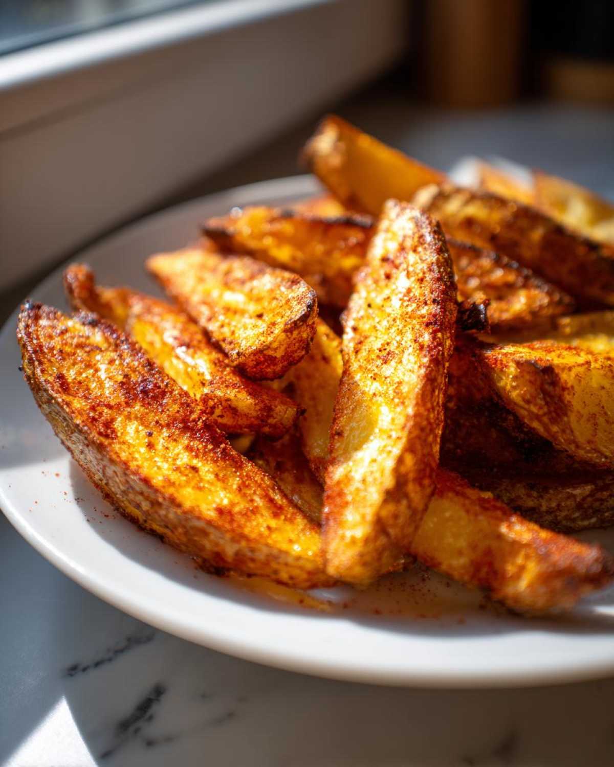 Close-up of golden brown, seasoned air fryer potato wedges piled on a white plate, catching sunlight.