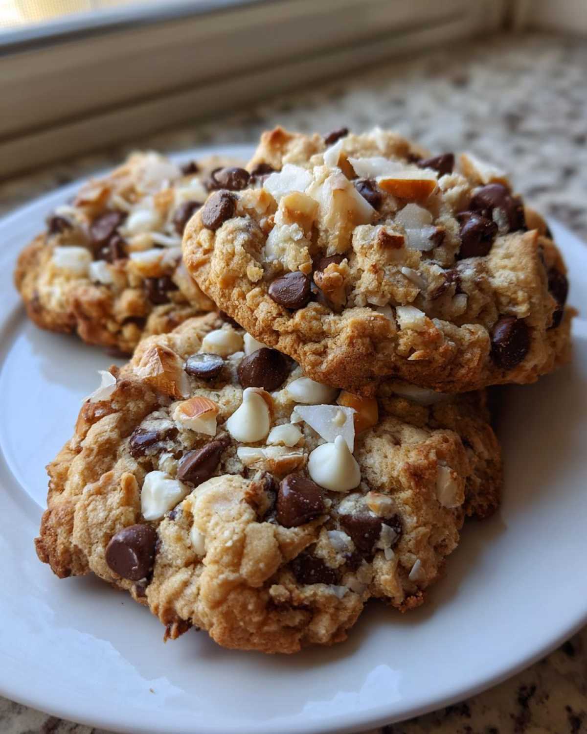 Three freshly baked almond joy cookies piled on a white plate, showing chocolate chips, coconut flakes, and nuts.